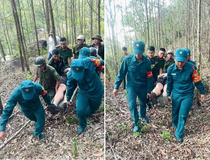 Lực lượng chức năng xã Duy Xuyên đưa nam du khách gặp nạn xuống núi an toàn.