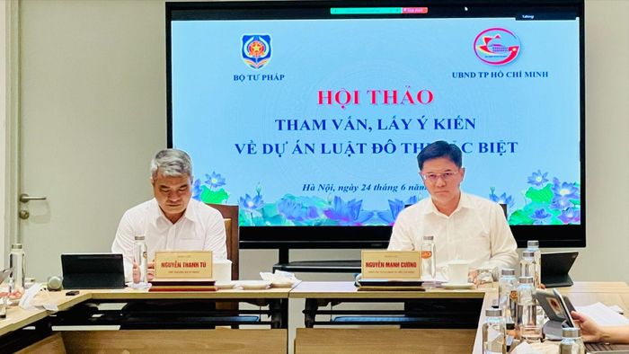 Thứ trưởng Bộ Tư pháp Nguyễn Thanh Tú và Phó Chủ tịch UBND TPHCM Nguyễn Mạnh Cường đồng chủ trì hội thảo. Ảnh: CẨM HÀ