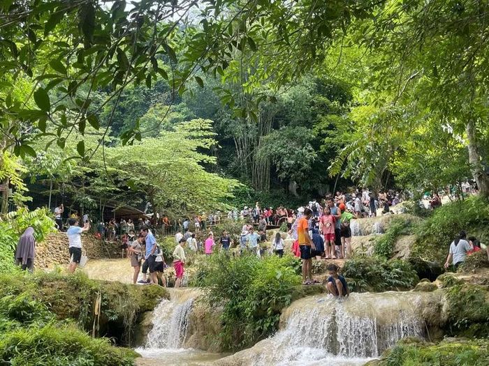 Từ độ cao khoảng 100m, dòng thác chảy qua chín tầng đá xếp chồng lên nhau, nhìn từ trên cao như những tấm thảm lụa trắng phau nổi bật giữa màu xanh của rừng nguyên sinh.