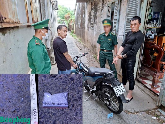 Hai đối tượng Lâm Văn Tín và Lâm Danh Phúc cùng tang vật tại hiện trường. Ảnh: Văn Long