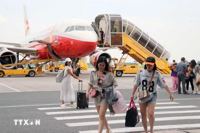 Chuyến bay hạ cánh tại Cảng hàng không quốc tế Cát Bi (Hải Phòng). (Ảnh: Hoàng Ngọc/TTXVN)