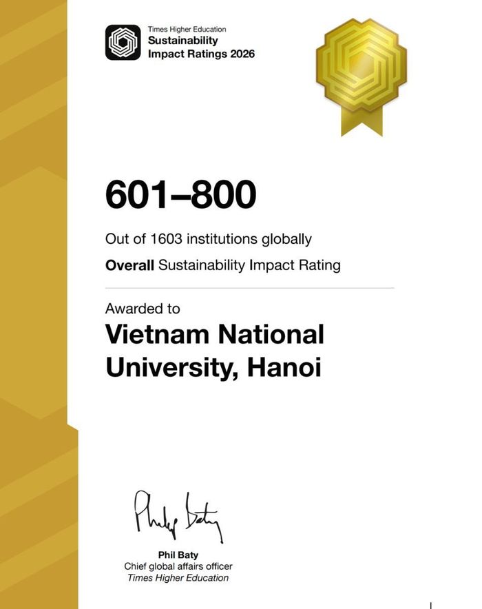 Chứng nhận xếp hạng tổng thể của ĐHQGHN trong THE Impact Ratings 2026