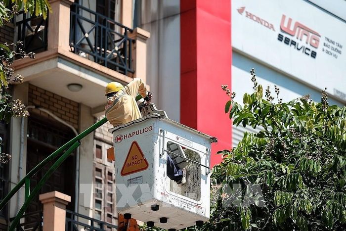 Công nhân Công ty TNHH MTV Chiếu sáng và Thiết bị đô thị bảo dưỡng hệ thống chiếu sáng trên cao dưới nắng gắt trưa ngày 24/6/2026. Ảnh: Phạm Tuấn Anh - TTXVN
