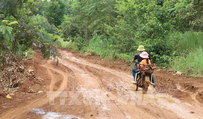 Người dân địa phương gặp nhiều trở ngại khi lưu thông qua tuyến đường mỗi khi mùa mưa đến. Ảnh: Đậu Tất Thành - TTXVN