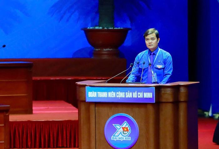 Đồng chí Bùi Quang Huy, Bí thư thứ nhất Trung ương Đoàn khóa XII, phát biểu tại Đại hội.