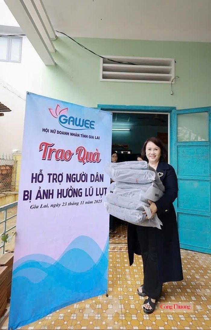 Bà Đồng Thị Ánh, Chủ tịch Hội Nữ doanh nhân tỉnh Gia Lai trao quà hỗ trợ người dân vùng lũ. Ảnh: NVCC