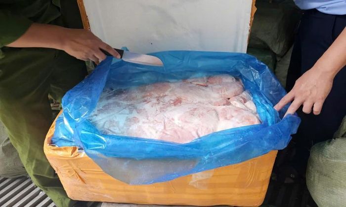 Thực phẩm đông lạnh không rõ nguồn gốc được phát hiện tại kho hàng của anh Nguyễn Văn H tại thôn Lũng Giang.