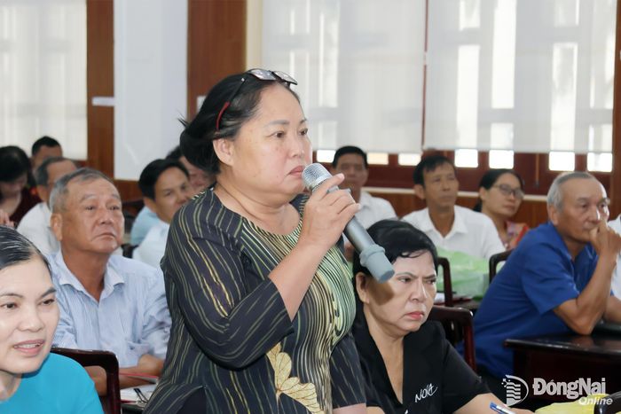 Một người dân phát biểu tại buổi họp lấy ý kiến về sáp nhập khu phố ở phường Trị An.