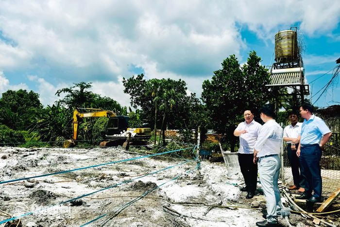 Đoàn công tác khảo sát khu vực chôn lấp ổ dịch tả heo châu Phi tại trại của bà Trương Thị Thảo (khu phố Trà Cổ 11, phường Tân Phú). Ảnh: B.Nguyên