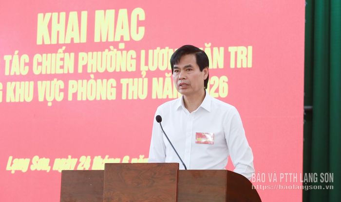 Đồng chí Hoàng Quốc Khánh, Ủy viên Trung ương Đảng, Bí thư Tỉnh ủy, Trưởng Ban Chỉ đạo diễn tập tỉnh phát biểu khai mạc 