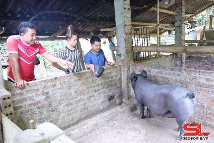 Cán bộ bản Huổi Lọng (bên trái), xã Chiềng La tuyên truyền người dân làm vệ sinh chuồng trại, phòng tránh dịch bệnh cho vật nuôi.