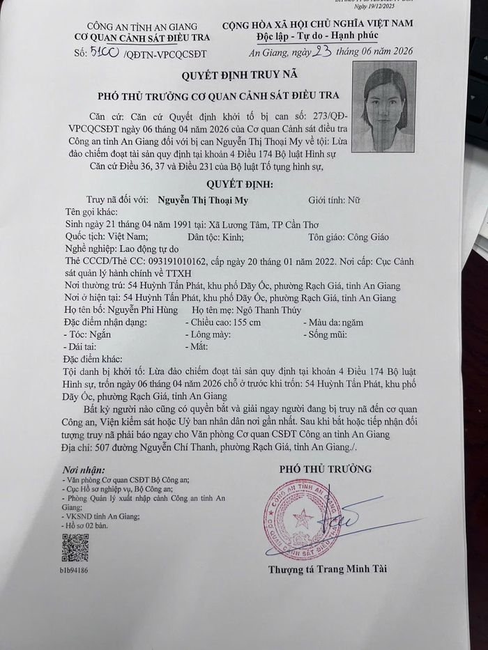 Quyết định truy nã Nguyễn Thị Thoại My.