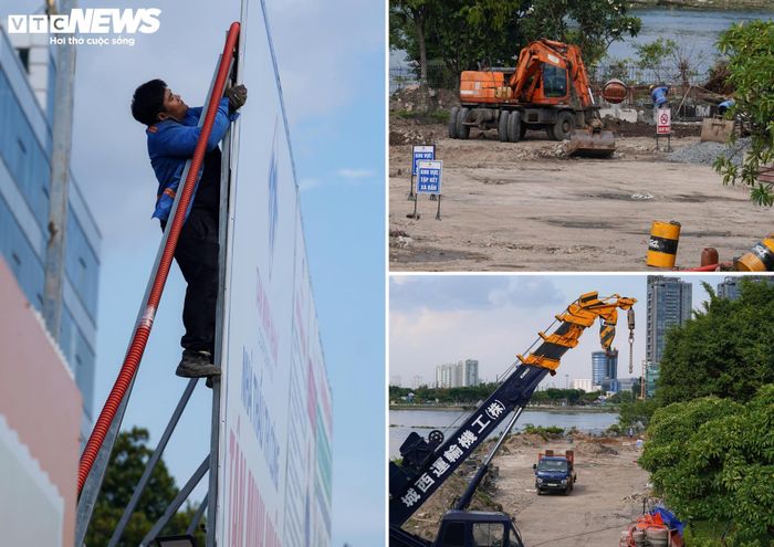 Trên công trường các tổ thi công đang làm việc liên tục nhằm đẩy nhanh tiến độ. Tuy nhiên, ngoài phạm vi bảo tàng, một số khu vực thuộc dự án vẫn chưa hoàn tất giải phóng mặt bằng. Nhiều kho bãi, tàu thuyền và hoạt động neo đậu vẫn đang tồn tại trong khu vực quy hoạch.