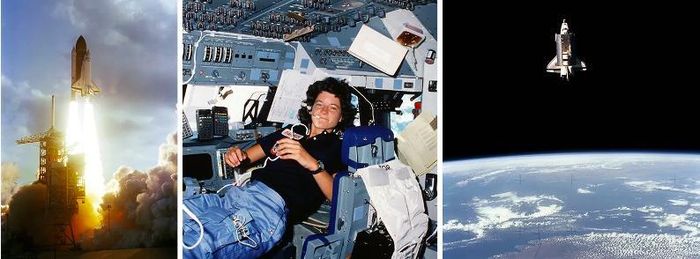 Ảnh trái: Tàu vũ trụ Challenger rời bệ phóng trong sứ mệnh STS-7; ảnh giữa: Ride trên khoang lái của tàu Challenger; ảnh phải: Tàu Challenger nhìn từ vệ tinh SPAS-01. (Ảnh: NASA)