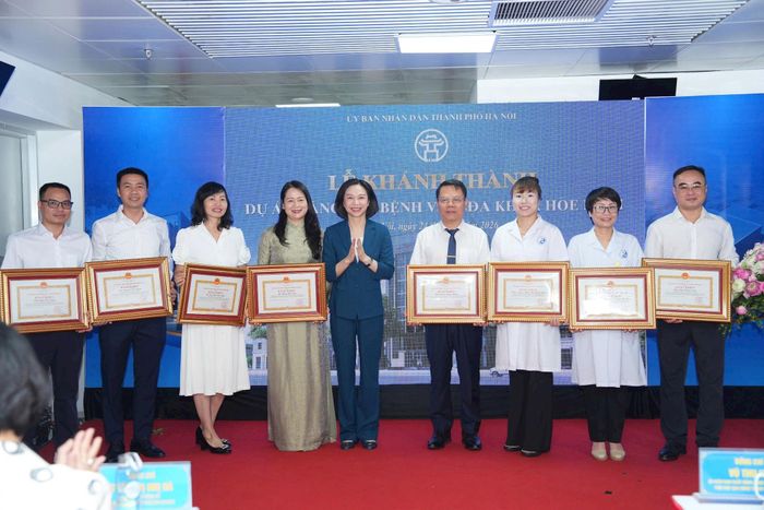 Phó Chủ tịch UBND thành phố Hà Nội Vũ Thu Hà trao Bằng khen cho các điển hình có thành tích xuất sắc trong việc thực hiện dự án. Ảnh: Linh Phạm