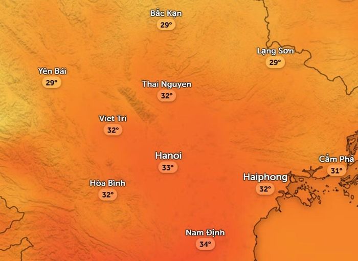 Dự báo nhiệt độ thực ở một số khu vực tại miền Bắc chiều mai, 26/6: Không còn nắng nóng. Ảnh: Zoom Earth, OpenStreetMap, ICON.