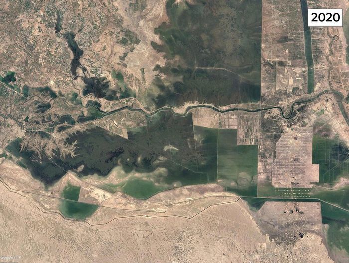  Đầm lầy al-Chibayish, Iraq năm 1984 và năm 2020. Ảnh: Google Earth. 
