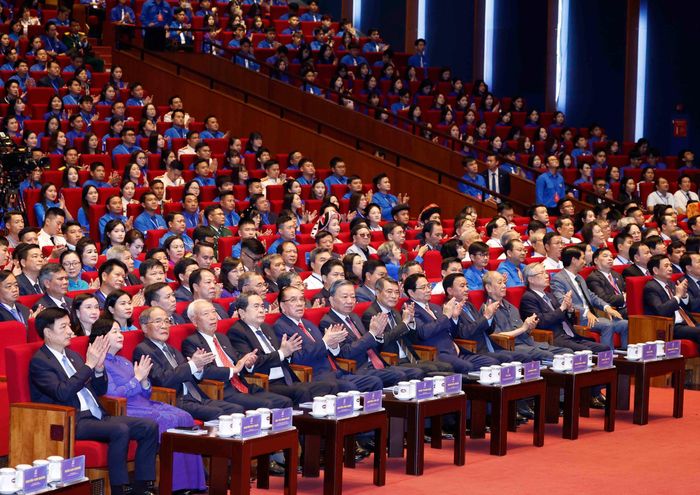 Tổng Bí thư, Chủ tịch nước Tô Lâm và các đại biểu dự Phiên trọng thể Đại hội Đoàn toàn quốc lần thứ XIII. Ảnh: Thống Nhất– TTXVN