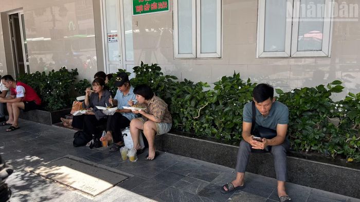 Theo ghi nhận của phóng viên, khoảng 11 giờ 30 ngày 24/6, Hà Nội tiếp tục ghi nhận nền nhiệt ngoài trời có thời điểm vượt 40 độ C. Tại Bệnh viện Bạch Mai, nhiều người nhà bệnh nhân phải nằm tạm dưới gốc cây, vỉa hè để nghỉ ngơi, ăn vội bữa cơm giữa cái nắng gay gắt trong lúc túc trực chăm sóc người thân.