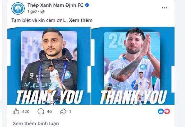 Mới nhất, trang fanpage Thép Xanh Nam Định FC thông báo chia tay 2 ngoại binh là Mahmoud Eid và Mitchell Djik.