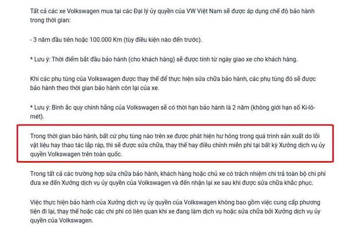 Một phần trong Điều khoản bảo hành của Volkswagen Việt Nam.