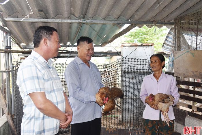 Cán bộ phụ trách chương trình giảm nghèo của xã Đông Kinh kiểm tra hiệu quả mô hình sinh kế được hỗ trợ cho hộ cận nghèo.