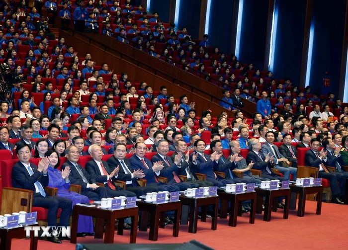 Tổng Bí thư, Chủ tịch nước Tô Lâm và các đại biểu dự Phiên trọng thể Đại hội Đoàn toàn quốc lần thứ XIII. (Ảnh: Thống Nhất/TTXVN)