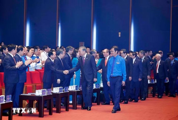 Tổng Bí thư, Chủ tịch nước Tô Lâm với các đại biểu dự Đại hội Đoàn toàn quốc lần thứ XIII. (Ảnh: Thống Nhất/TTXVN)