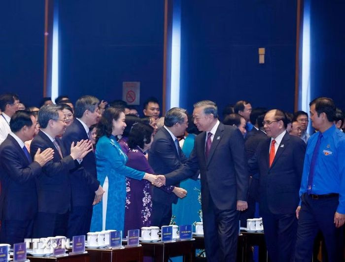 Tổng Bí thư, Chủ tịch nước Tô Lâm với các đại biểu dự Đại hội Đoàn toàn quốc lần thứ XIII. (Ảnh: Thống Nhất/TTXVN)