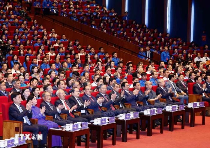 Tổng Bí thư, Chủ tịch nước Tô Lâm và các đại biểu dự Phiên trọng thể Đại hội Đoàn toàn quốc lần thứ XIII. (Ảnh: Thống Nhất/TTXVN)
