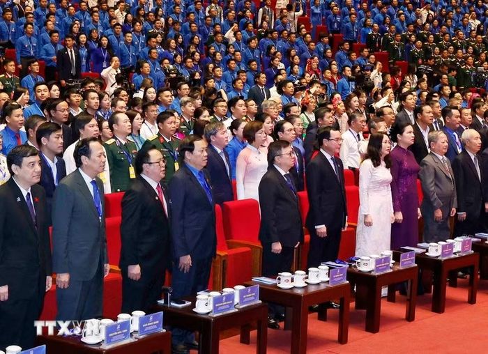 Các đại biểu thực hiện nghi lễ chào cờ. (Ảnh: Thống Nhất/TTXVN)