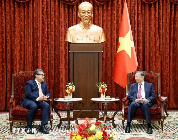 Tổng Bí thư, Chủ tịch nước Tô Lâm tiếp Đại sứ đặc mệnh toàn quyền Nhà nước Palestine Saadi Salama. (Ảnh: Thống Nhất/TTXVN)