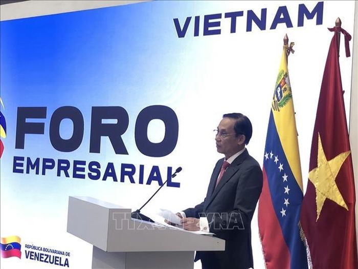 Bộ trưởng Ngoại giao Lê Hoài Trung phát biểu tại Diễn đàn Doanh nghiệp Việt Nam - Venezuela. Ảnh: TTXVN phát.