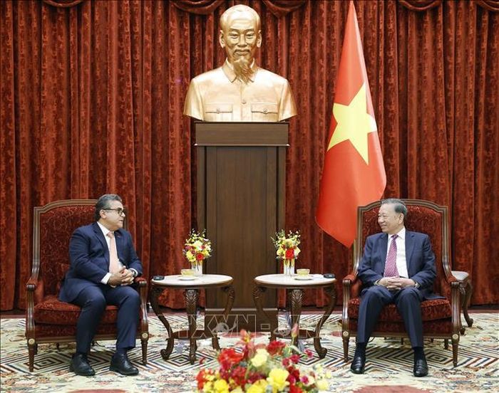 Tổng Bí thư, Chủ tịch nước Tô Lâm tiếp Đại sứ đặc mệnh toàn quyền Nhà nước Palestine Saadi Salama. Ảnh: Thống Nhất/TTXVN