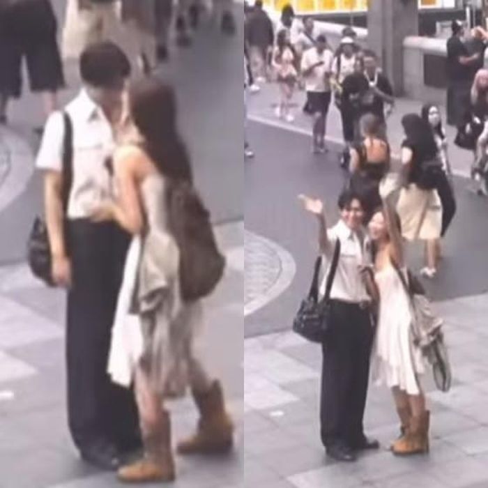 Khoảnh khắc cặp đôi dạo phố tình tứ và vui vẻ vẫy chào ống kính CCTV khiến người hâm mộ vô cùng thích thú. (Nguồn: OSEN)
