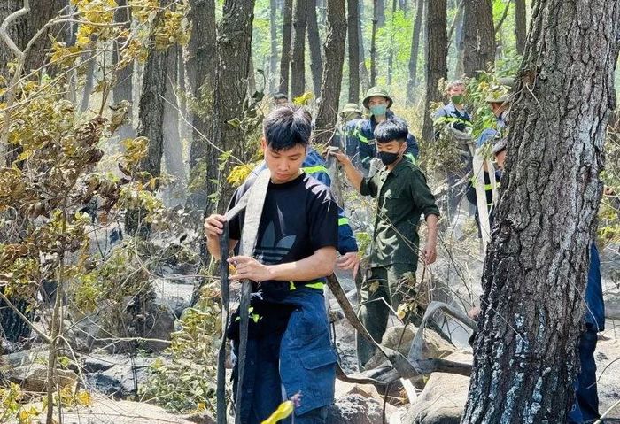 Các lực lượng chức năng di chuyển đường ống tổ chức phun nước loại bỏ nguy cơ ngọn lửa bùng phát trở lại.