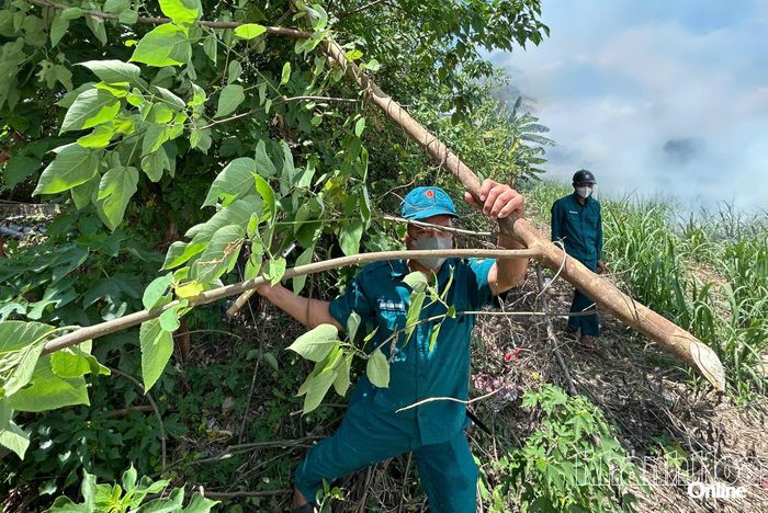 Ban Chỉ huy Quân sự xã Suối Dầu phát quang, khoanh vùng, tạo đường băng cản lửa.