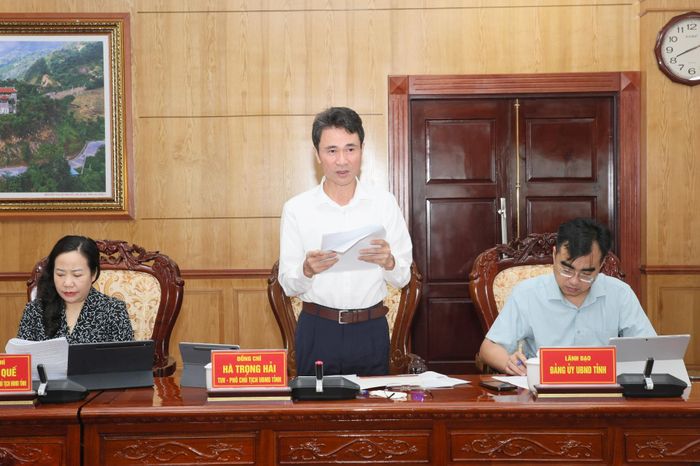Đồng chí Hà Trọng Hải - Phó Chủ tịch UBND tỉnh báo cáo tình hình phát triển chăn nuôi và kết quả rà soát quỹ đất cho chăn nuôi tập trung. 