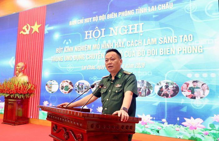 Đại tá Trương Minh Đức - Chỉ huy trưởng Ban Chỉ huy BĐBP Lai Châu phát biểu tại hội nghị.