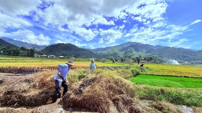 Nhân dân thôn Bản Côm chung tay nạo vét mương lấy nước sản xuất vụ mùa.