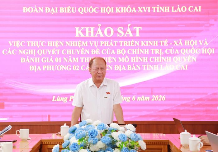 Đồng chí Sùng A Lềnh - Ủy viên Ban Chấp hành Đảng bộ tỉnh, Phó Trưởng đoàn chuyên trách Đoàn đại biểu Quốc hội tỉnh phát biểu tại buổi khảo sát.