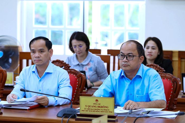 Ủy viên Ban Thường vụ Tỉnh ủy, Phó Chủ tịch HĐND tỉnh Y Quang BKrông và Tỉnh ủy viên, Phó Chủ tịch HĐND tỉnh Đa Cát Vinh theo dõi phiên họp