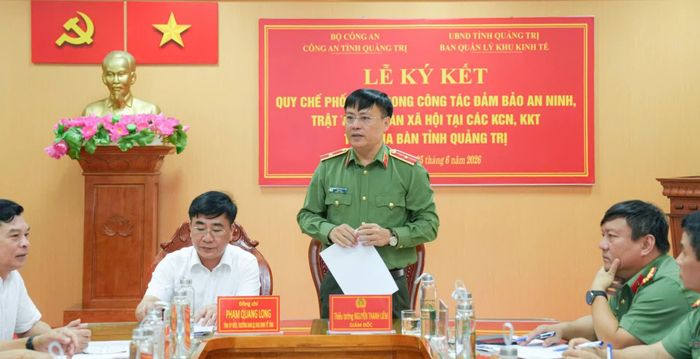 Đồng chí Thiếu tướng Nguyễn Thanh Liêm, Giám đốc Công an tỉnh phát biểu tại buổi lễ - Ảnh: Thùy Trang