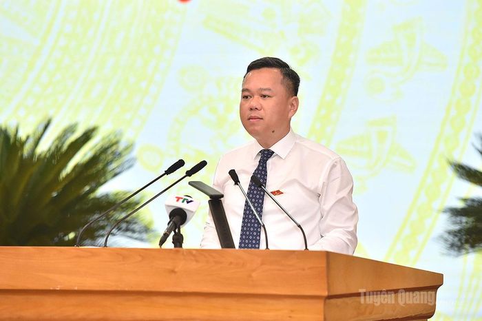 Đồng chí Đỗ Hùng Đức, Phó Chủ tịch UBND tỉnh báo cáo kết quả thực hiện các Chương trình mục tiêu quốc gia 6 tháng đầu năm 2026 trên địa bàn tỉnh.
