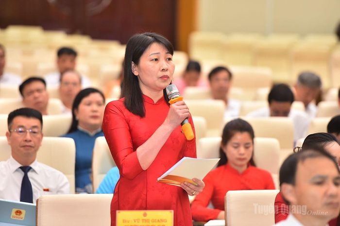 Đại biểu Vũ Thị Giang, Phó Trưởng Ban Văn hóa - Xã hội HĐND tỉnh phát biểu ý kiến thảo luận.