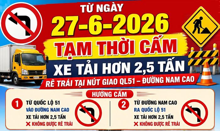 Tạm thời cấm xe tải hơn 2,5 tấn rẽ trái từ QL51 vào đường Nam Cao và từ đường Nam Cao rẽ trái ra QL51 (Ảnh minh họa) 