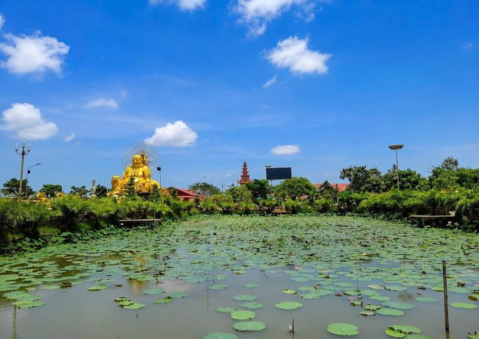 Hồ sen khoe sắc trong khuôn viên chùa, góp phần tạo nên không gian thanh bình, đậm chất miền Tây Nam Bộ. Ảnh: Đức Linh.