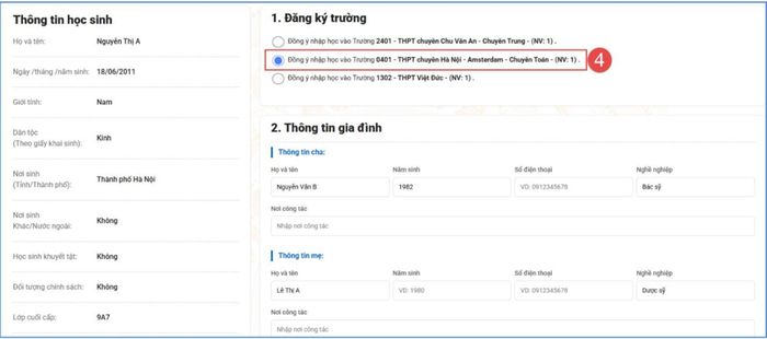 Tiếp theo, thí sinh chọn trường xác nhận nhập học theo kết quả trúng tuyển; kiểm tra và điều chỉnh các thông tin về gia đình, thông tin liên hệ nếu có thay đổi