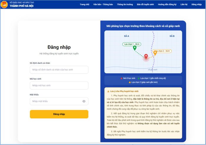 Sau khi truy cập vào cổng tuyển sinh đầu cấp của thành phố, thí sinh Đăng nhập/tìm kiếm thông tin học sinh bằng tài khoản bao gồm số định danh cá nhân, mã học sinh trên CSDL ngành và Mật khẩu do trường THCS nơi học sinh lớp 9 bàn giao; kiểm tra đầy đủ thông tin và chọn "Đăng nhập".