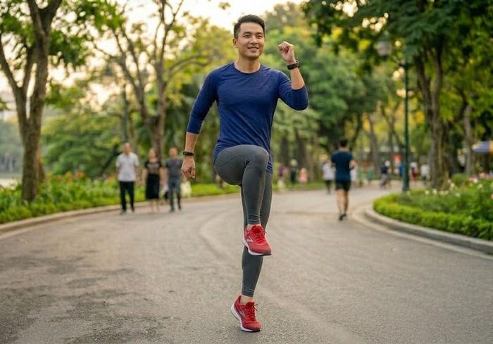 Đi bộ nâng cao gối là biến thể giúp tăng hoạt động của cơ gập hông, cơ đùi trước, cơ bụng và các nhóm cơ tham gia giữ thăng bằng.